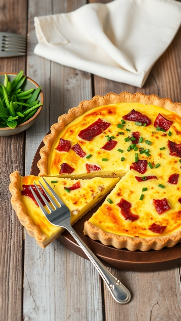A golden-brown Quiche Lorraine with bacon and cheese, garnished with chives, on a rustic table.